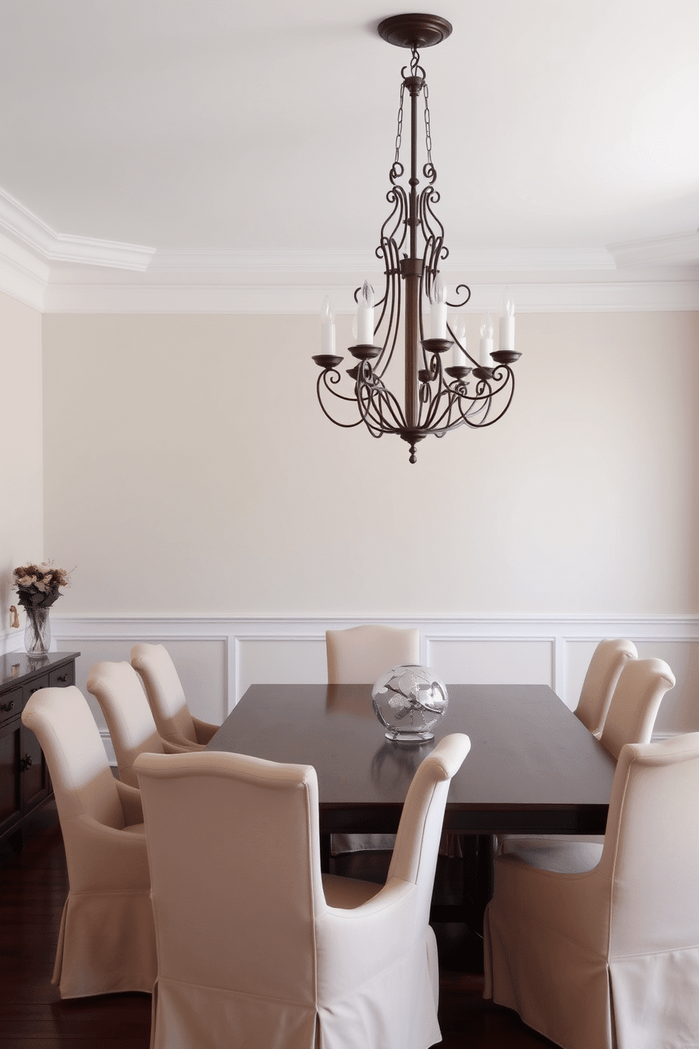 A formal dining room featuring a soft, neutral color palette on the walls, creating a serene and inviting atmosphere. An elegant wooden dining table is set in the center, surrounded by upholstered chairs in a light beige fabric, complemented by a stunning chandelier overhead.