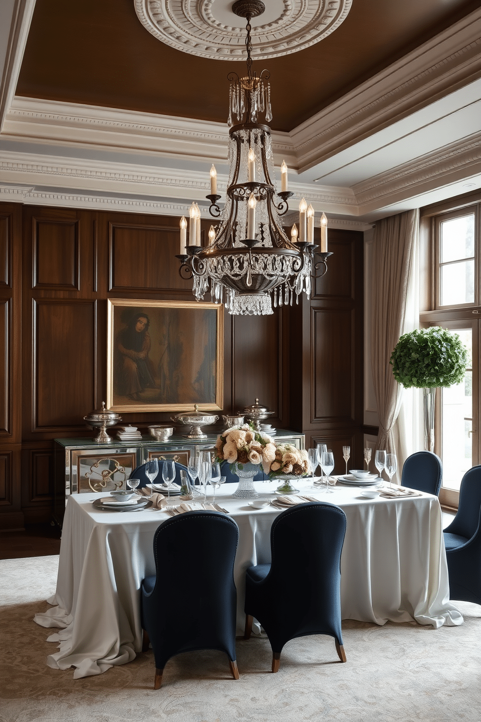 An elegant buffet table is set against a backdrop of rich, dark wood paneling, adorned with a soft white tablecloth that cascades to the floor. The table is beautifully arranged with an array of silver serving dishes, crystal glassware, and fresh floral centerpieces in muted tones. The formal dining room features an exquisite chandelier that casts a warm glow over the space, complemented by plush upholstered chairs in a deep navy hue. Elegant crown molding frames the ceiling, while large windows draped with sheer curtains allow natural light to filter in, enhancing the room's sophisticated ambiance.