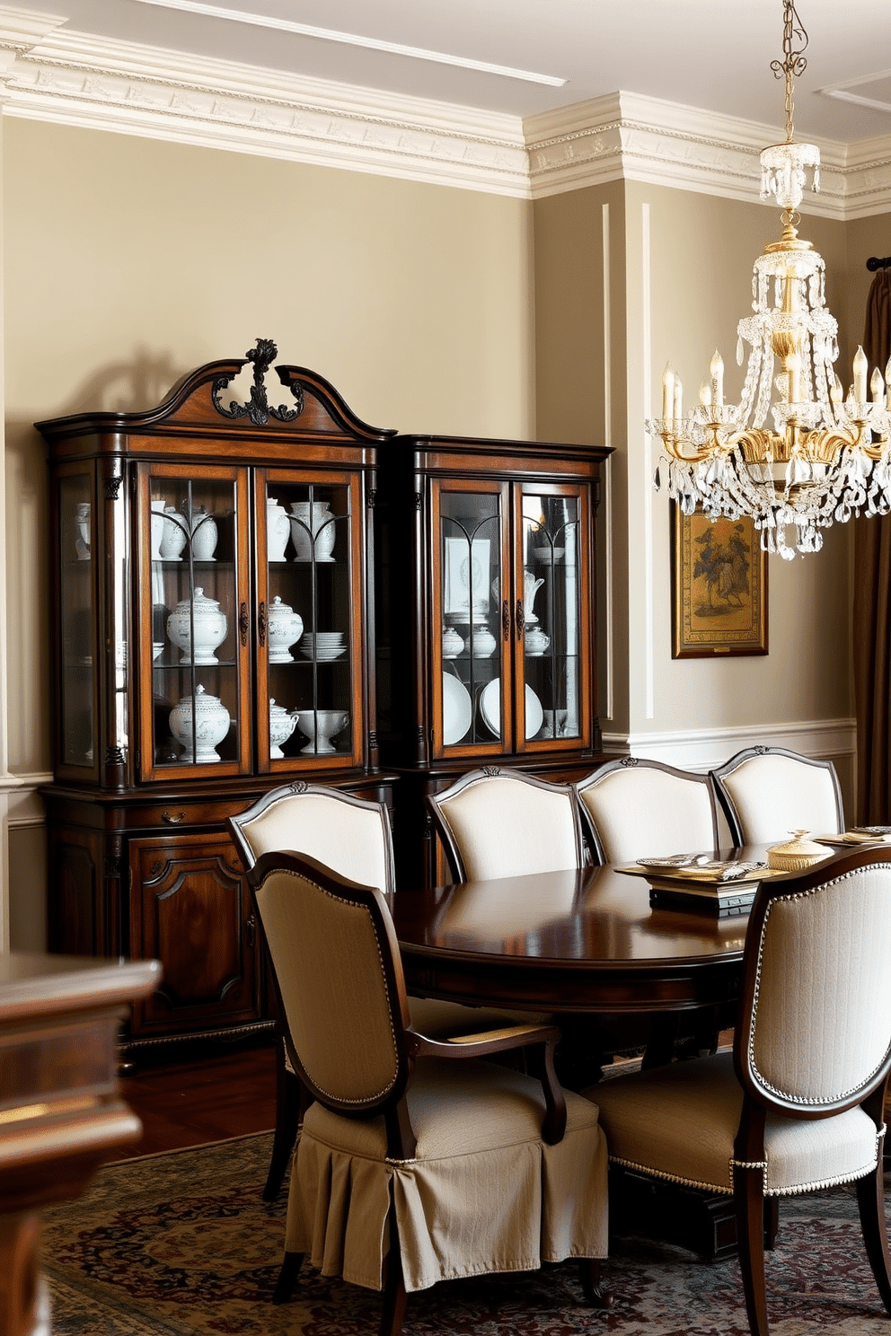 A vintage china cabinet stands elegantly against the wall, showcasing delicate porcelain and glass display pieces. The cabinet features intricate woodwork and glass doors, adding a touch of sophistication to the room. The formal dining room is adorned with a grand wooden table surrounded by upholstered chairs, creating an inviting atmosphere for gatherings. Soft lighting from a crystal chandelier casts a warm glow, enhancing the elegance of the space.