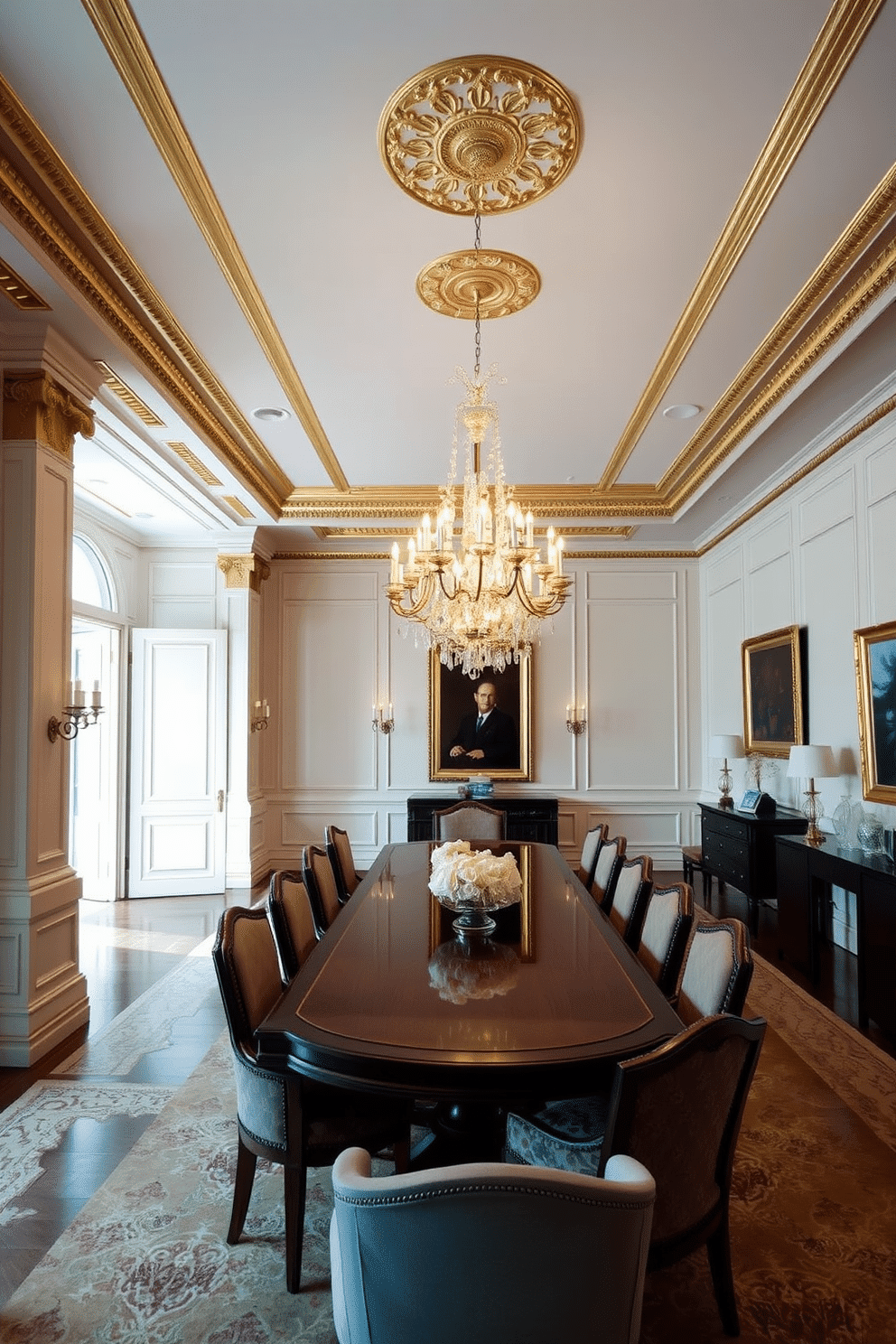 A formal dining room featuring elegant gold leaf details on the ceiling molding, creating a luxurious atmosphere. The room is adorned with a long, polished wooden table surrounded by upholstered chairs in rich fabrics, complemented by a stunning chandelier that enhances the opulence of the space.