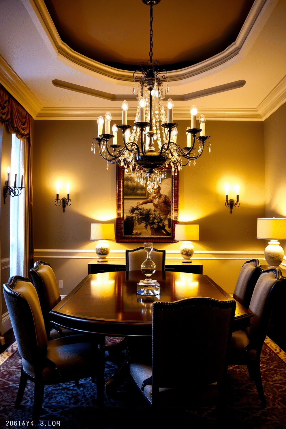 A formal dining room featuring layered lighting that creates an inviting atmosphere. Elegant sconces are mounted on the walls, casting a warm glow, while stylish table lamps provide additional illumination on the dining table. The room is adorned with a large, polished wooden table surrounded by upholstered chairs in rich fabrics. A stunning chandelier hangs above the table, adding a touch of sophistication and enhancing the overall ambiance.