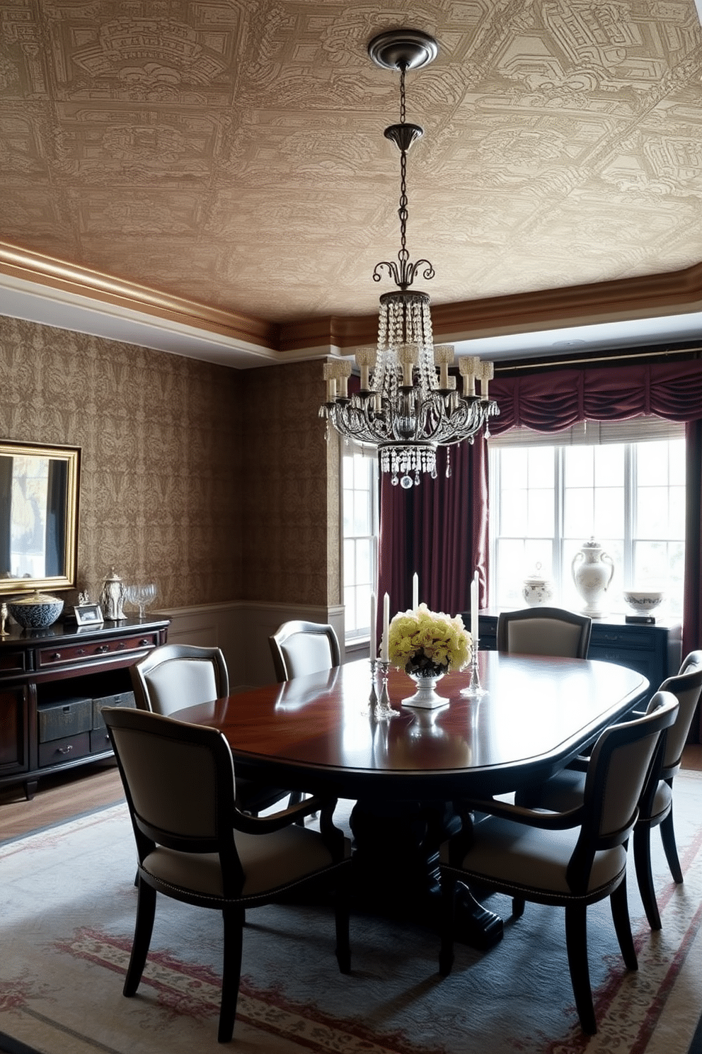 A formal dining room featuring textured wallpaper that adds depth and sophistication to the space. The room is adorned with a grand wooden dining table surrounded by upholstered chairs, complemented by an elegant chandelier overhead. Richly colored drapes frame the large windows, allowing natural light to filter through while maintaining an intimate atmosphere. A sideboard against one wall showcases fine china and decorative pieces, enhancing the room's luxurious feel.