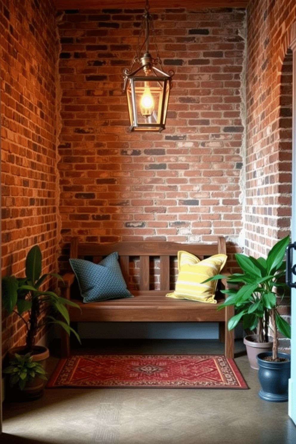 A rustic wooden bench with colorful pillows is positioned against a backdrop of exposed brick walls, creating a warm and inviting atmosphere. Soft, ambient lighting from a vintage chandelier casts a gentle glow, highlighting the natural textures of the space. The foyer features a patterned area rug that adds a touch of coziness beneath the bench. Potted plants flanking the entrance bring a touch of greenery, enhancing the welcoming feel of the design.