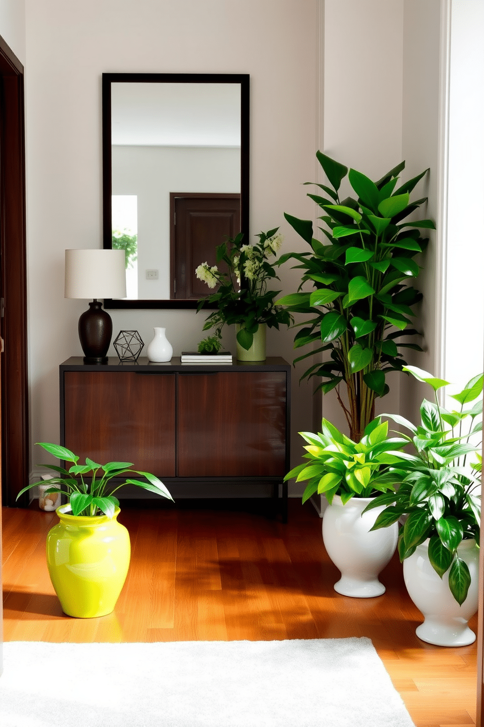 A welcoming foyer adorned with lush potted plants, creating a fresh and vibrant atmosphere. The space features a sleek console table against the wall, topped with decorative items and a stylish mirror that reflects natural light. The flooring is a warm hardwood, complemented by a soft area rug that adds texture and comfort. Bright green plants in elegant ceramic pots are strategically placed to enhance the entryway's charm and invite guests into the home.