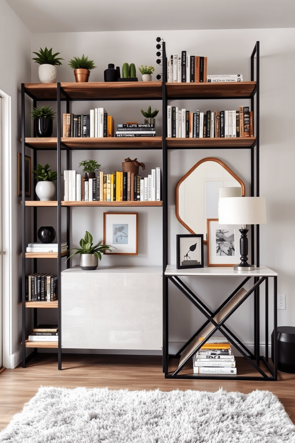 A modern industrial shelving unit made of reclaimed wood and black metal, showcasing an array of books and decorative items. The shelves are staggered for visual interest, with potted plants and framed art pieces interspersed among the books. An inviting foyer featuring a combination of sleek lines and warm textures. A minimalist console table with a geometric design sits against the wall, adorned with a statement mirror and a stylish lamp, while a plush area rug adds comfort underfoot.