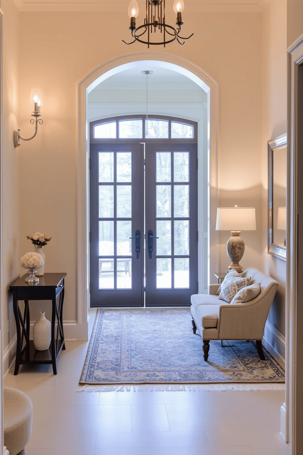 A welcoming foyer featuring layered lighting with elegant sconces flanking the entrance and a stylish table lamp on a console table. The walls are painted in a soft cream color, complemented by a textured area rug beneath a chic seating arrangement.