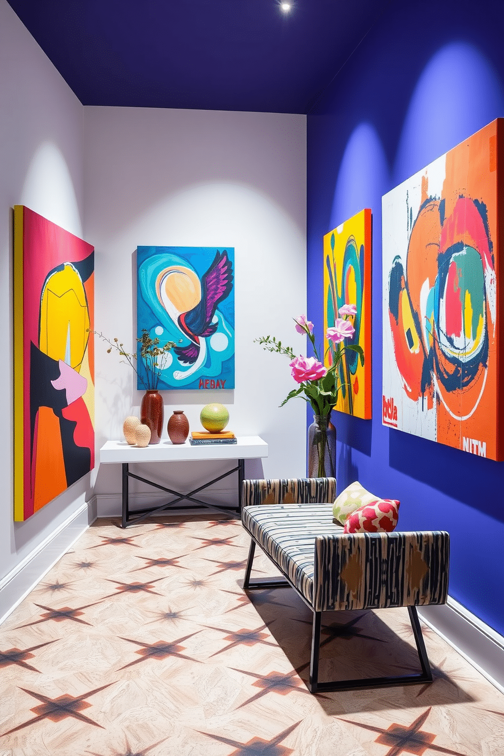 A vibrant foyer filled with bright artwork that sparks conversation. The walls are adorned with large, colorful canvases, showcasing abstract designs and bold hues that draw the eye. A sleek console table sits against one wall, topped with decorative objects and fresh flowers. The floor features a striking geometric tile pattern, while a stylish bench invites guests to sit and admire the artwork.