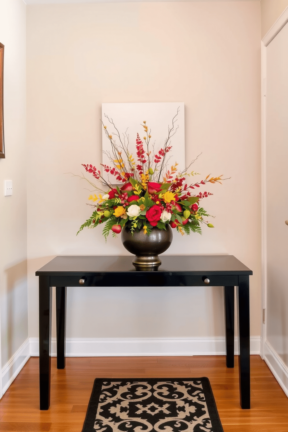 A narrow table is positioned in the foyer, adorned with a vibrant seasonal centerpiece that captures the essence of the current season. The walls are painted in a soft, welcoming hue, while a stylish runner complements the table, leading to an inviting entrance.