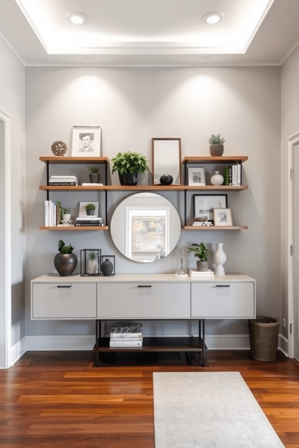 A welcoming foyer featuring open shelving against a light gray wall, adorned with an array of carefully curated decor pieces including books, plants, and art objects. A stylish console table sits below the shelves, complemented by a large round mirror that enhances the sense of space and light. The flooring consists of rich hardwood, adding warmth to the area, while a soft runner rug in neutral tones guides guests into the home. Accent lighting above the shelves highlights the decor, creating an inviting atmosphere that sets the tone for the rest of the interior.