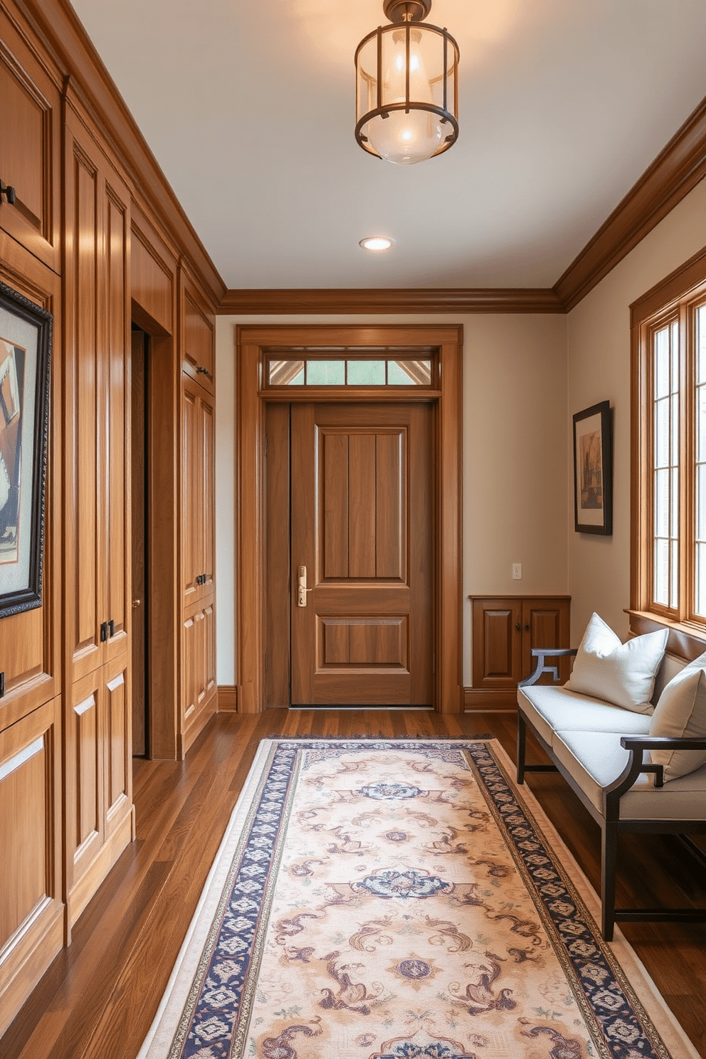 A stunning foyer featuring custom built-ins that provide ample storage while enhancing the aesthetic appeal of the space. The built-ins are crafted from rich oak wood, showcasing intricate moldings and a soft, inviting color palette that complements the warm lighting. To the right of the entrance, a stylish bench with plush cushions sits beneath a large window, inviting guests to sit and remove their shoes. The walls are adorned with tasteful artwork, and a beautiful area rug anchors the space, adding texture and warmth.