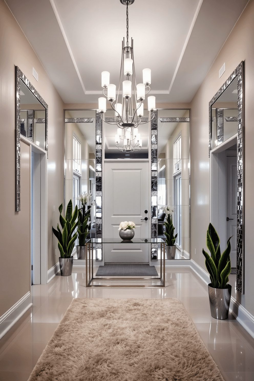 A stunning foyer featuring mirrored accents that enhance the sense of space and depth. The walls are adorned with large, decorative mirrors, reflecting light and creating an inviting atmosphere. At the center, a sleek console table with a glass top sits beneath an elegant chandelier. Flanking the entrance, tall potted plants add a touch of greenery, while a plush area rug anchors the design.