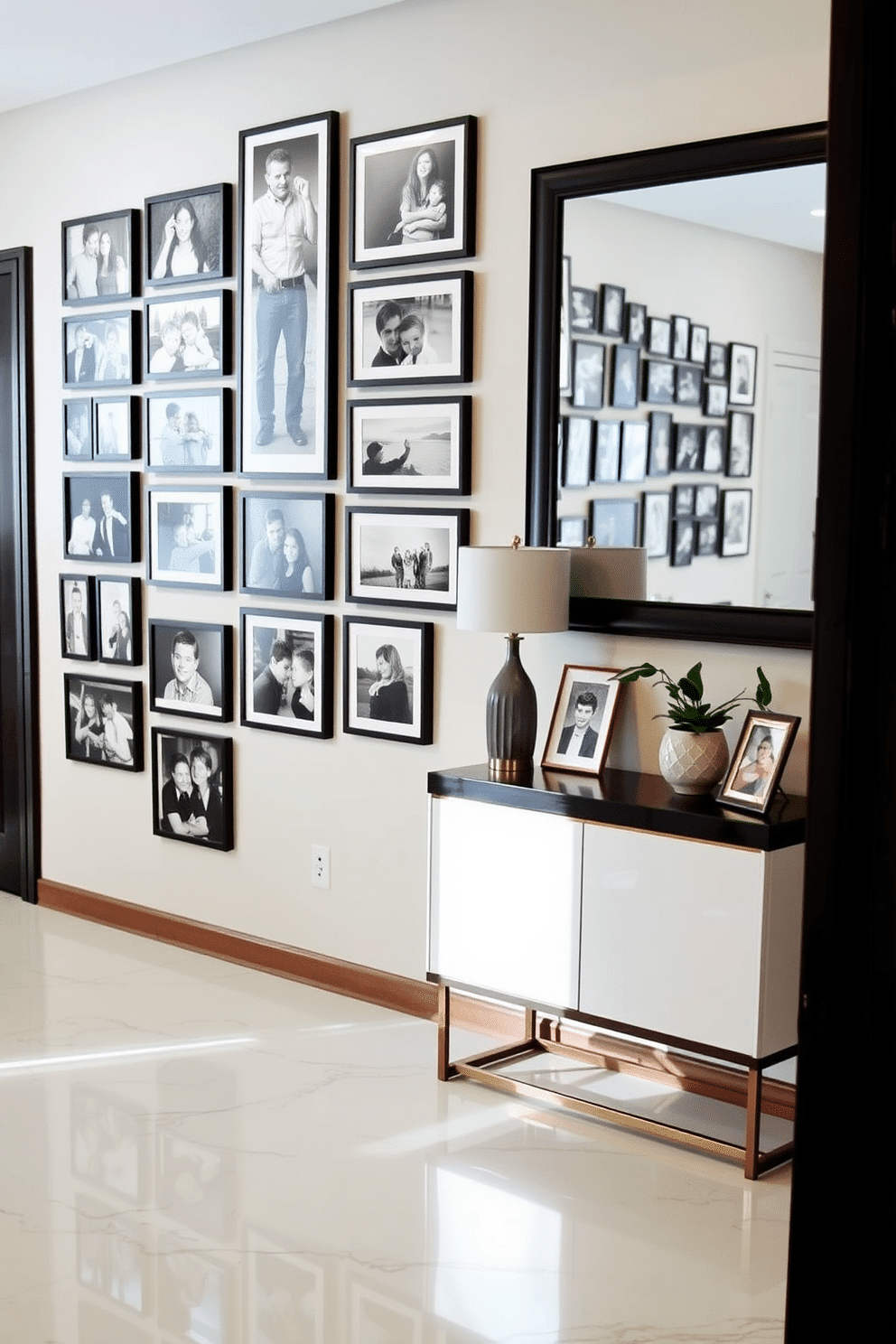 A gallery wall adorned with a curated collection of family photos in various frames, showcasing memories from different stages of life. The arrangement features a mix of black-and-white and color images, creating a visually dynamic display that draws the eye. An inviting foyer design with a sleek console table against the wall, topped with a decorative lamp and a small potted plant. The floor is laid with elegant marble tiles, and a large mirror above the table reflects light, enhancing the space's openness and welcoming atmosphere.