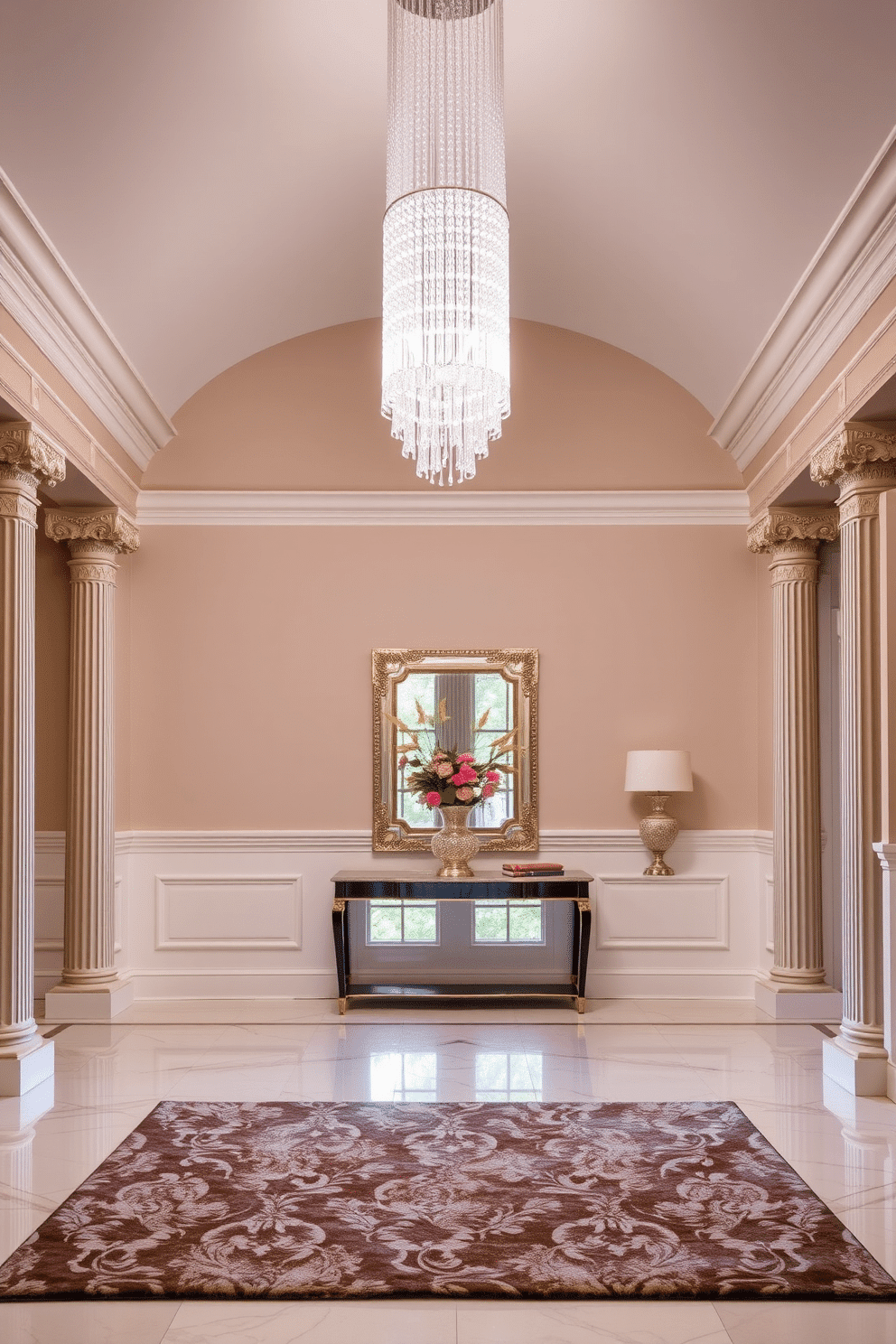 A grand foyer featuring a stunning crystal chandelier that cascades light in all directions, creating an inviting atmosphere. The walls are adorned with elegant wainscoting, and a plush area rug adds warmth to the polished marble floor. Flanking the entrance are tall, decorative columns that enhance the sense of grandeur. A stylish console table sits against the wall, topped with a tasteful arrangement of fresh flowers and a statement mirror that reflects the beauty of the space.