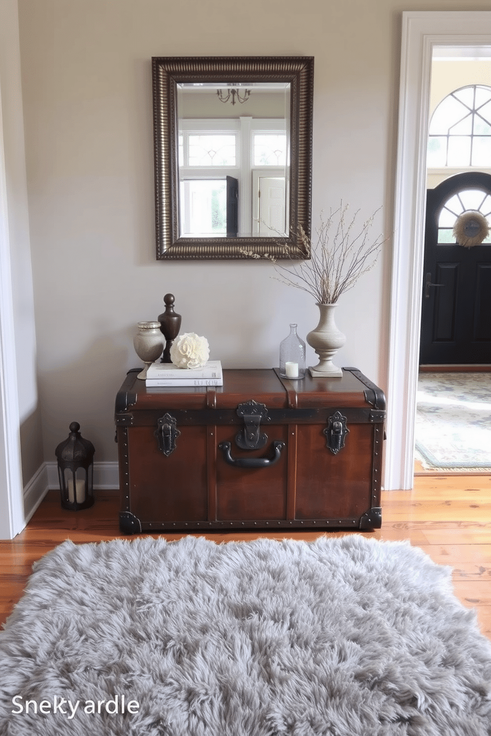 A vintage trunk sits elegantly in the foyer, serving as both a stylish storage solution and a conversation piece. The trunk, adorned with intricate metal accents, complements the warm wooden flooring and soft, neutral walls. Surrounding the trunk, a curated selection of decorative elements adds character to the space. A plush area rug anchors the design, while a statement mirror above the trunk reflects natural light, enhancing the foyer's inviting atmosphere.