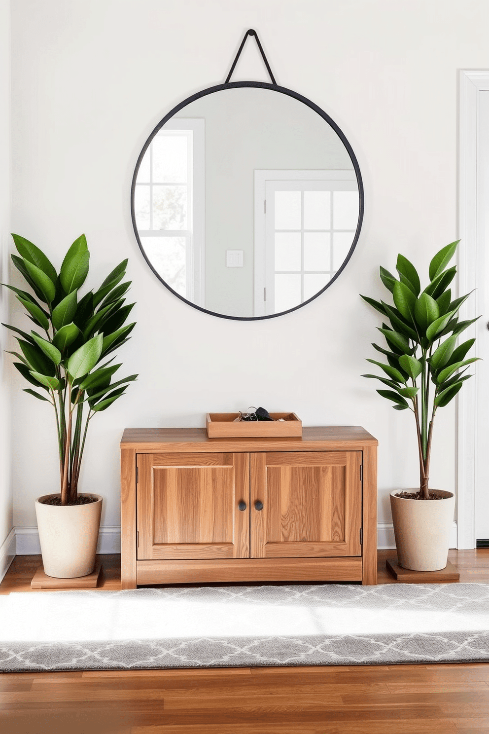 A functional bench with hidden storage is positioned against the wall in the foyer, crafted from rich oak wood with a smooth finish. Above the bench, a large round mirror with a sleek black frame reflects the natural light streaming in from a nearby window. The floor is adorned with a stylish geometric rug that adds warmth and texture to the space. Flanking the bench, potted plants bring a touch of greenery, while a small decorative tray on the bench holds keys and everyday essentials for easy access.