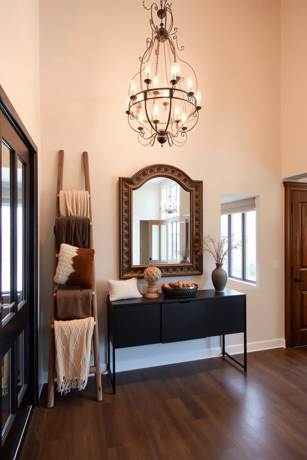 A decorative ladder stands against the wall in the foyer, crafted from reclaimed wood with a rustic finish. It elegantly displays an array of soft, textured throws in warm hues, inviting guests to cozy up as they enter the home. The foyer features a grand entrance with a high ceiling, adorned with a stunning chandelier that casts a warm glow. A large, ornate mirror hangs above a sleek console table, reflecting the light and enhancing the space's openness.