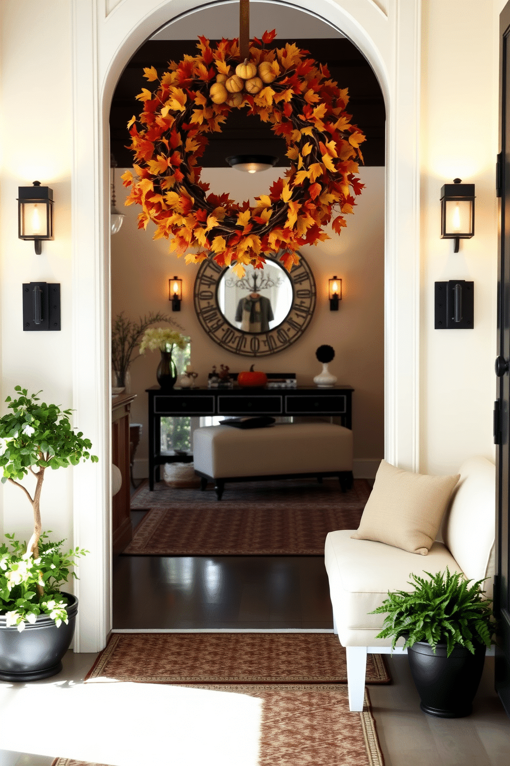 A beautiful seasonal wreath adorned with vibrant autumn leaves and small pumpkins hangs on the front door, welcoming guests with a touch of seasonal charm. The foyer features a stylish console table with a decorative mirror above it, flanked by warm, ambient lighting and a cozy bench for seating. The walls are painted in a soft cream color, enhancing the natural light that floods the space. A patterned runner leads to the living area, while a few carefully placed potted plants add a fresh, inviting touch to the entrance.