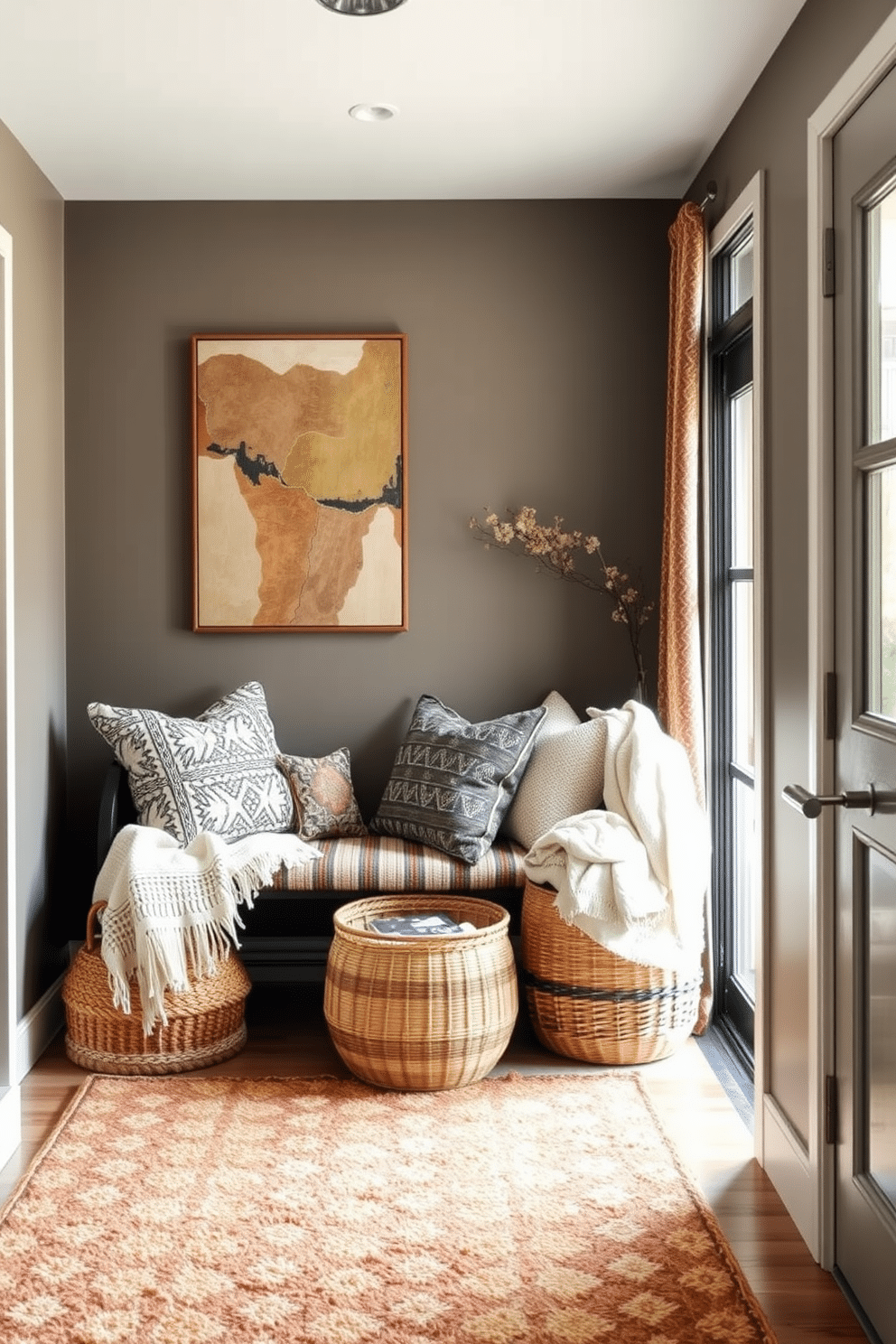 A welcoming foyer with layered textiles that create a cozy atmosphere. A plush area rug in warm tones anchors the space, while a mix of throw pillows in various patterns adorns a stylish bench against the wall. Natural light floods in through a large window, highlighting the rich textures of the woven baskets and soft blankets nearby. A statement piece of artwork hangs above the bench, complementing the inviting color palette of the foyer.