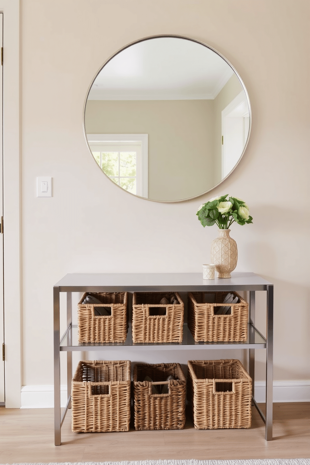 A stylish foyer featuring woven baskets for shoe storage, neatly arranged beneath a sleek console table. The walls are painted in a soft beige, complemented by a large round mirror that enhances the space's brightness and depth.