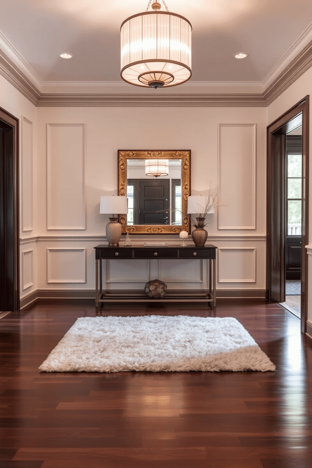 A stunning foyer featuring a statement light fixture that casts a warm glow throughout the space. The walls are adorned with elegant wainscoting, and the floor is covered in a rich, dark hardwood that complements the overall design. In the center of the foyer, a stylish console table is placed against the wall, topped with decorative objects and a large mirror that reflects the light. A plush area rug anchors the space, adding texture and inviting warmth to the entrance.