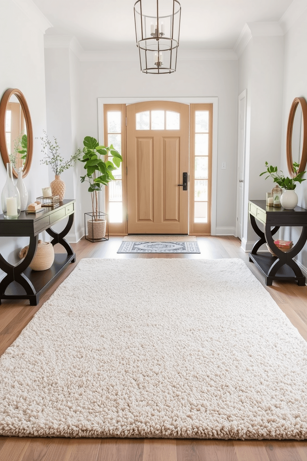 A cozy area rug with a plush texture anchors the foyer, adding warmth and inviting comfort to the entryway. The rug features a subtle geometric pattern in soft earth tones that complement the surrounding decor. Flanking the entrance are elegant console tables adorned with decorative items and fresh greenery. The walls are painted in a light, airy color, enhancing the natural light that flows in through the front door.