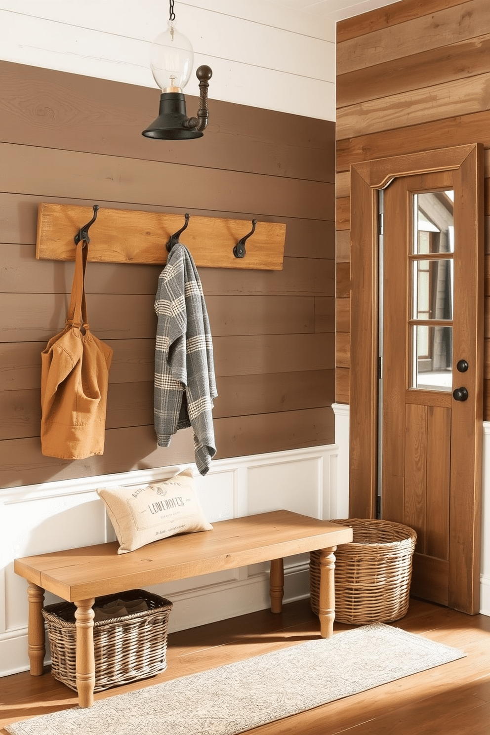 A charming foyer featuring farmhouse-style coat hooks mounted on a rustic wooden wall. The space is accented with a vintage bench, a woven basket for shoes, and a large mirror framed in distressed wood, creating a warm and inviting atmosphere.