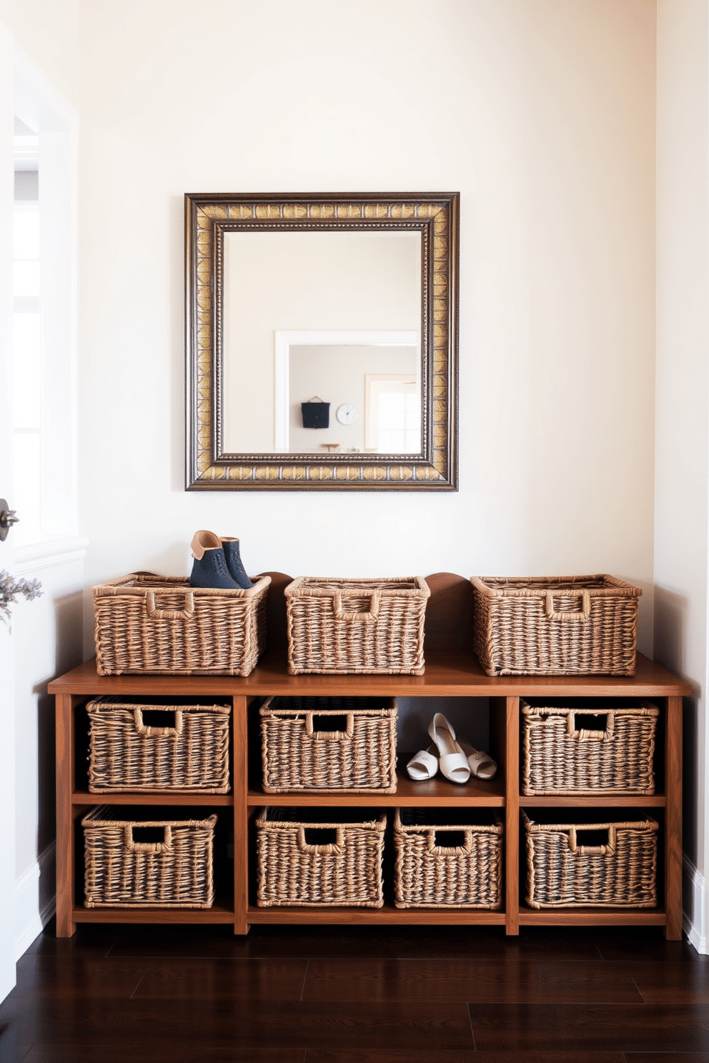 A stylish foyer entryway featuring woven baskets for shoe storage. The baskets are neatly arranged on a wooden bench, providing both functionality and a warm, inviting aesthetic. The walls are painted in a soft cream color, enhancing the natural light that floods the space. A large mirror with a decorative frame hangs above the bench, adding depth and elegance to the entryway.