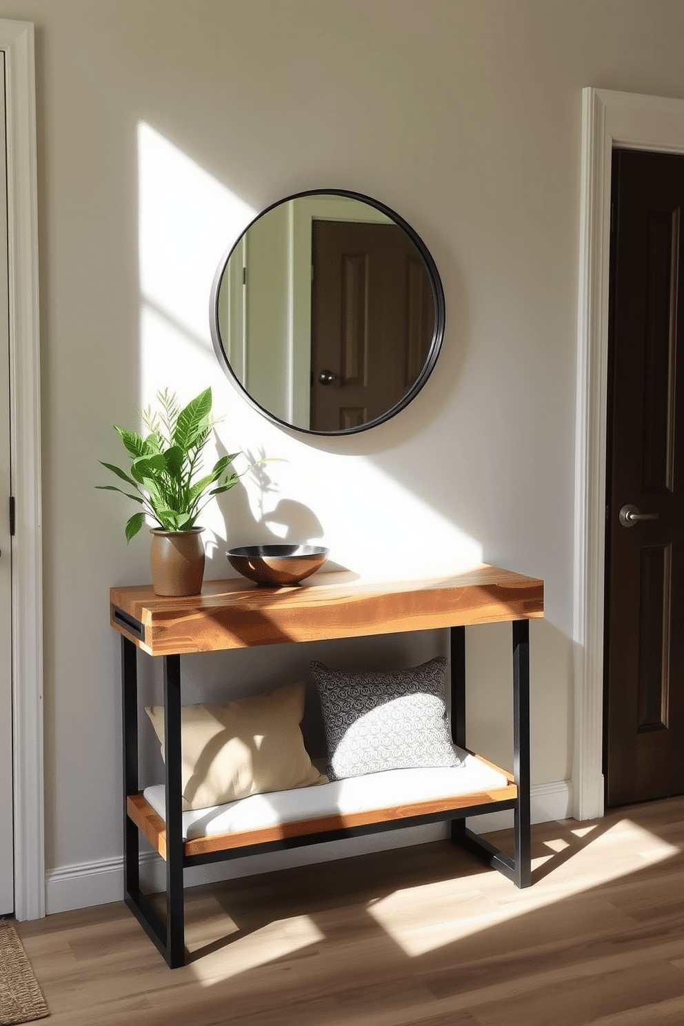 A welcoming foyer entryway filled with natural light. The space features a sleek console table made of reclaimed wood, adorned with a decorative bowl and a small potted plant for a fresh touch. On the wall, a large round mirror with a minimalist black frame reflects the greenery. A stylish bench with soft cushions sits beneath the mirror, while a vibrant potted plant adds a pop of color in the corner.