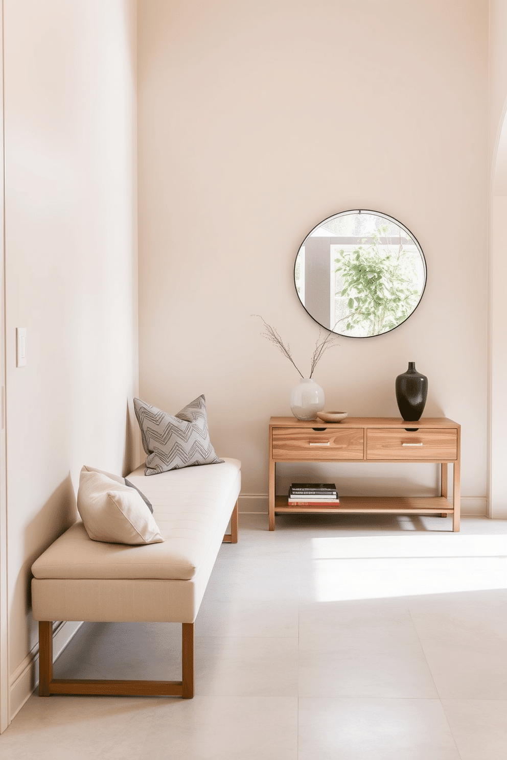 A serene foyer entryway features a neutral color palette, with soft beige walls and a light gray tile floor that creates a calming atmosphere. A sleek console table in natural wood sits against the wall, adorned with a minimalist vase and a few carefully selected decorative items. To the left, a cozy seating nook includes a plush cream-colored bench with subtle geometric patterns, inviting guests to linger. A large round mirror with a thin black frame hangs above the bench, reflecting natural light that streams in through a nearby window.