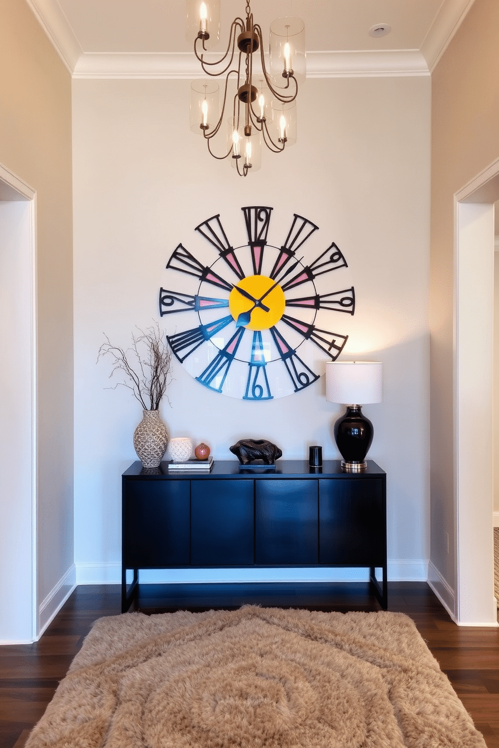 A striking artistic wall clock serves as the centerpiece of the foyer, drawing attention with its unique design and vibrant colors. Surrounding the clock, the entryway features a sleek console table adorned with decorative objects and a stylish mirror, creating a welcoming atmosphere. The walls are painted in a soft, neutral tone that complements the clock, while a plush area rug adds warmth underfoot. Elegant lighting fixtures hang from the ceiling, casting a warm glow and enhancing the overall ambiance of the space.