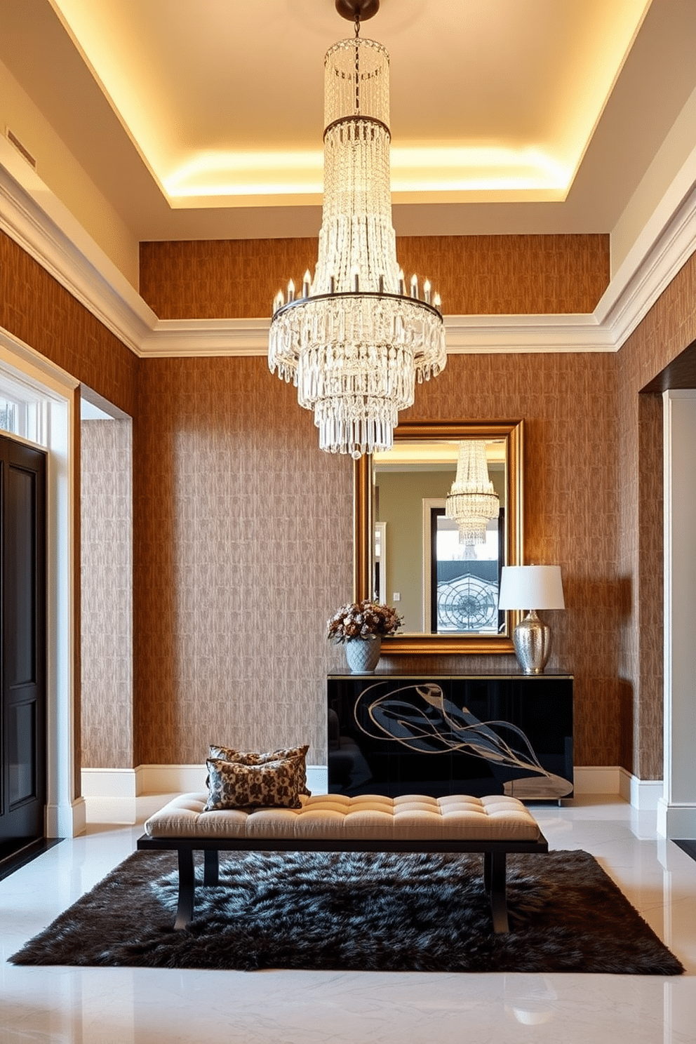 A grand foyer features a stunning crystal chandelier that cascades from the ceiling, casting a warm glow over the space. The walls are adorned with rich, textured wallpaper, and a plush area rug lies beneath a sleek console table. The entryway showcases a stylish bench upholstered in luxurious fabric, complemented by decorative pillows. A large, framed mirror hangs above the bench, enhancing the sense of space and reflecting the light from the chandelier.