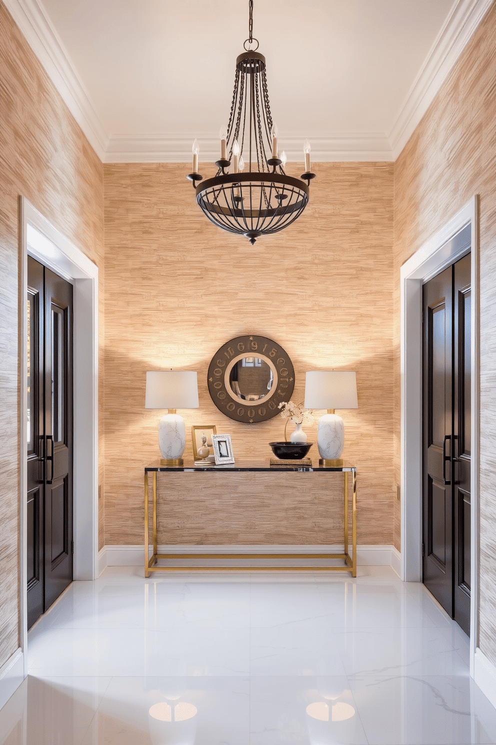 A stunning foyer entryway features textured wallpaper that adds depth and visual interest. The space is illuminated by a statement chandelier, casting a warm glow over a stylish console table adorned with decorative accents.