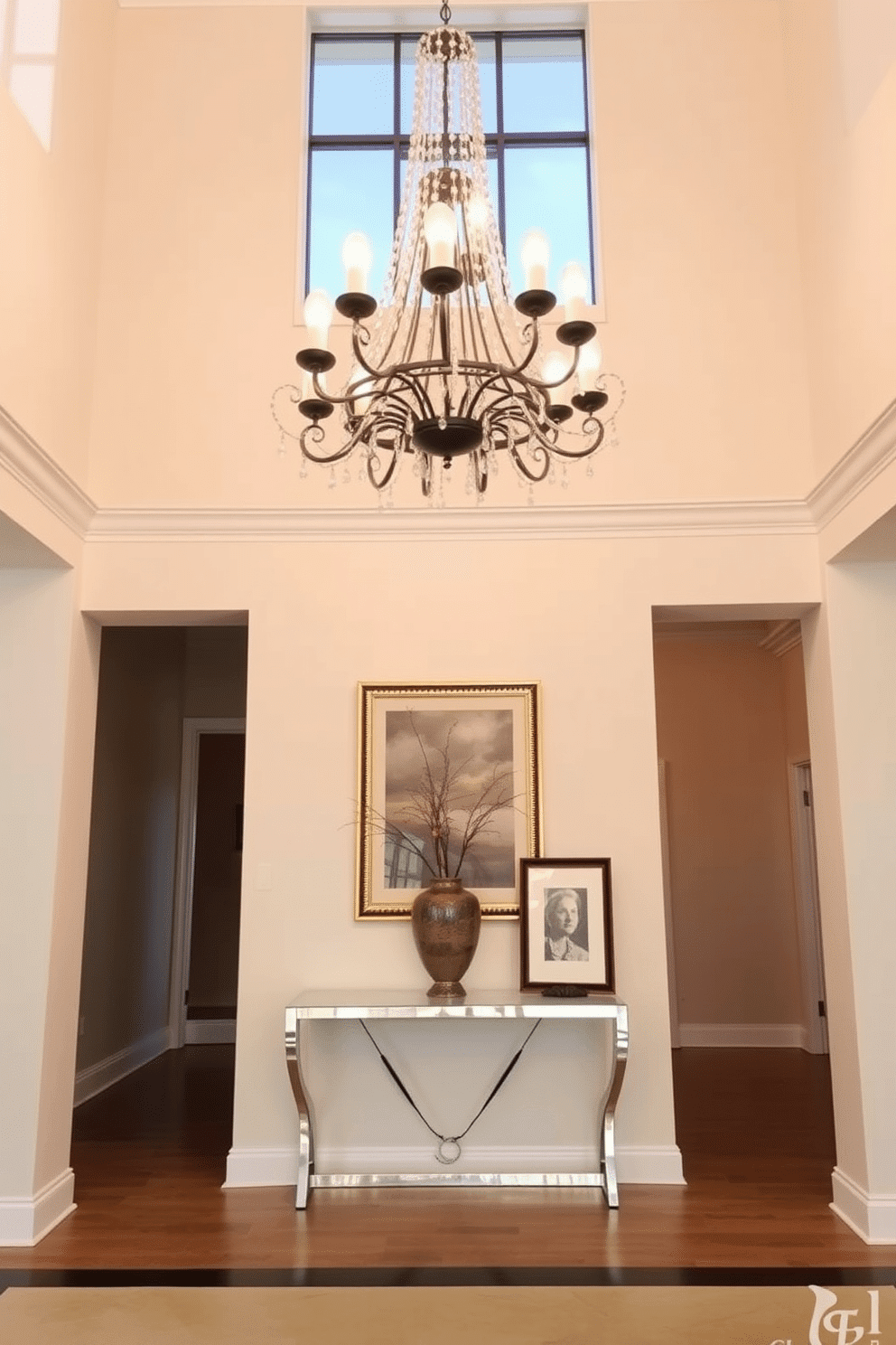 A luxurious foyer entryway features a grand chandelier hanging from a high ceiling, illuminating the space with warm light. An elegant console table sits against the wall, adorned with a stylish vase and framed artwork that adds sophistication and character to the design.