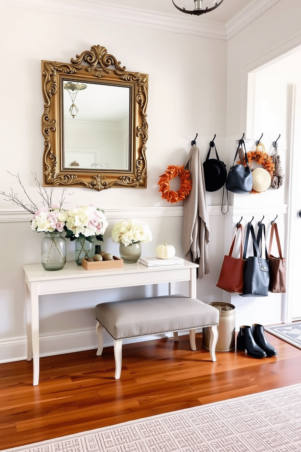 A welcoming foyer adorned with seasonal decor that changes throughout the year. In spring, fresh flowers in pastel vases complement a light-colored console table, while autumn brings warm-toned garlands and pumpkins. For a stylish entryway, a statement mirror with an ornate frame hangs above a sleek bench. The floor is covered with a textured runner, and a collection of hats and bags is neatly organized on wall-mounted hooks.