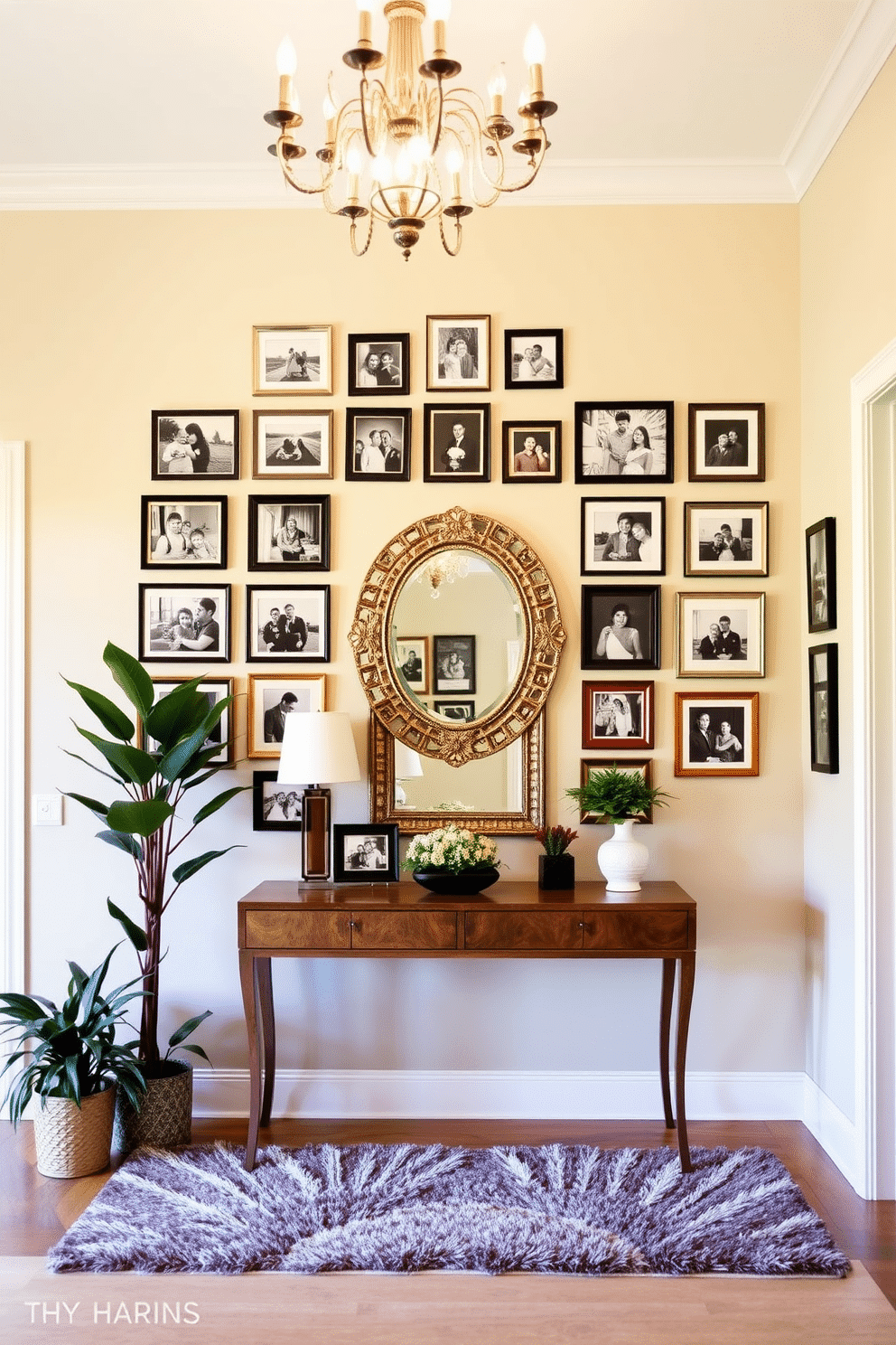 A gallery wall adorned with a curated collection of family photos in various frame styles, showcasing memories in black and white and vibrant colors. The wall is painted in a soft, neutral tone to enhance the visual impact of the photographs, creating a warm and inviting atmosphere. An elegant foyer entryway featuring a grand console table with a decorative mirror above it. The space is illuminated by a stylish chandelier, and a plush area rug adds texture, while potted plants bring a touch of greenery to the design.