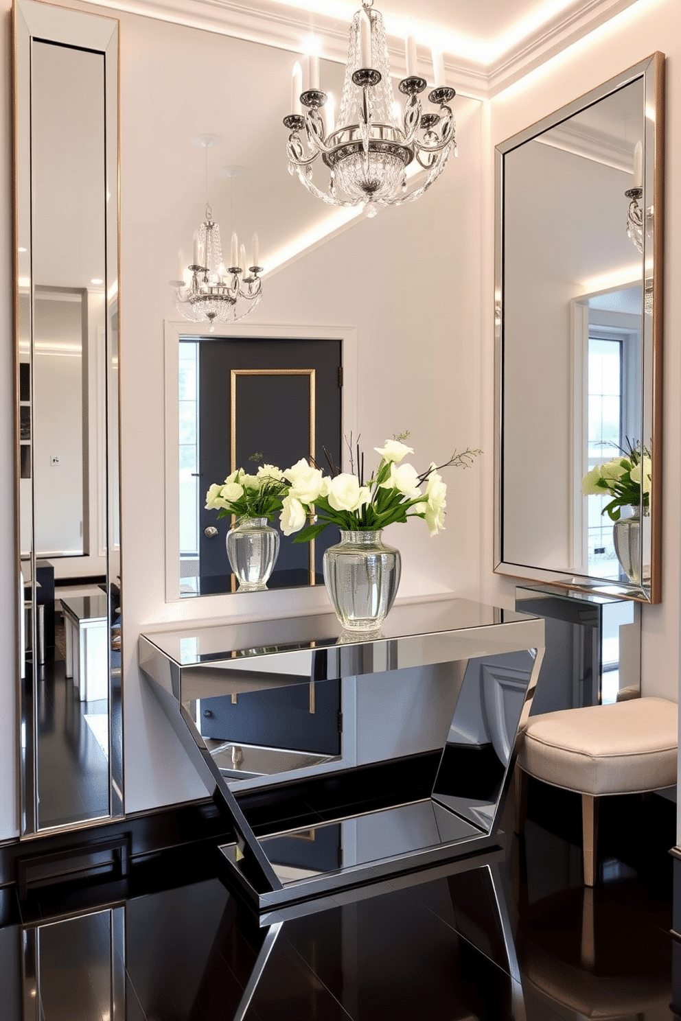 A stunning foyer entryway featuring mirrored furniture that enhances the sense of space and light. The focal point is a sleek mirrored console table adorned with a stylish vase and fresh flowers, reflecting the elegance of the surroundings. On the walls, an oversized mirror creates an illusion of depth, making the entryway feel more expansive. Soft, ambient lighting highlights the reflective surfaces, adding warmth and sophistication to the overall design.