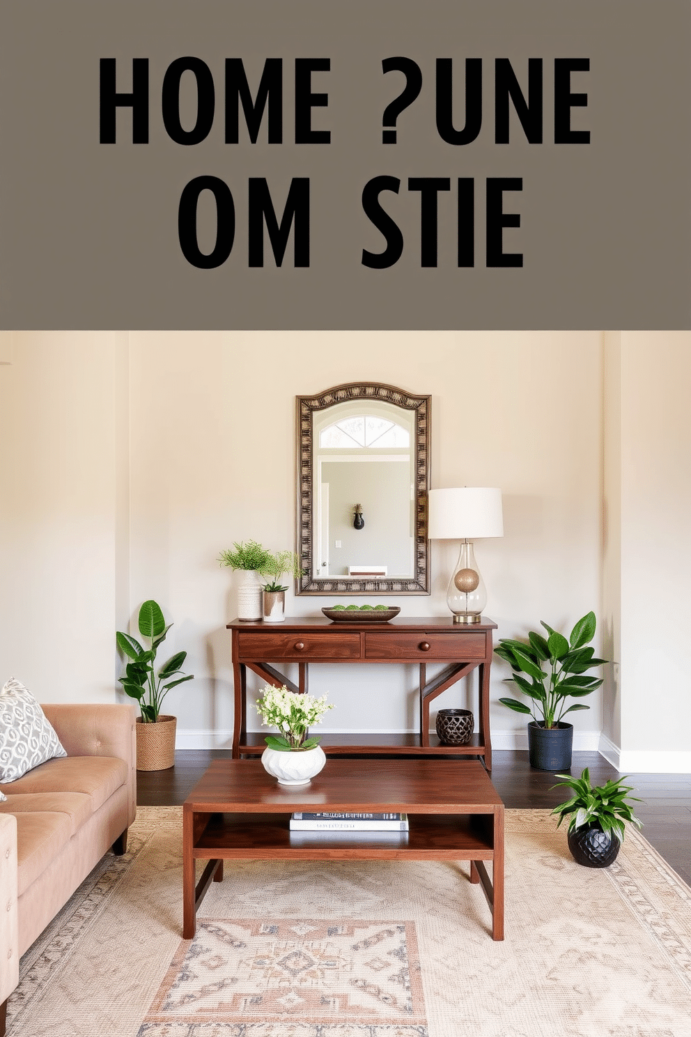 A cohesive color scheme with a living room featuring soft beige walls and a warm taupe sofa adorned with patterned throw pillows. A matching area rug in muted earth tones anchors the seating area, while a sleek coffee table in natural wood complements the overall palette. The foyer entryway showcases a stunning console table in a rich walnut finish, topped with a decorative mirror and a stylish lamp. Flanking the entrance are potted plants that add a touch of greenery, creating an inviting atmosphere as guests enter the home.