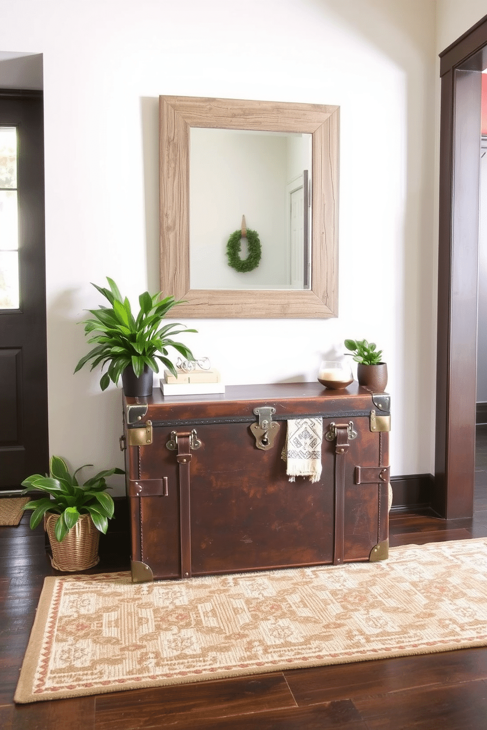 A vintage trunk serves as a unique storage solution in the foyer, adding character and charm to the entryway. The trunk, adorned with leather straps and brass accents, is placed against a backdrop of soft, neutral walls, complemented by a stylish area rug beneath it. The entryway features a statement mirror framed in distressed wood, reflecting natural light and enhancing the space. Potted greenery flanks the trunk, bringing a touch of life and freshness to the vintage-inspired design.