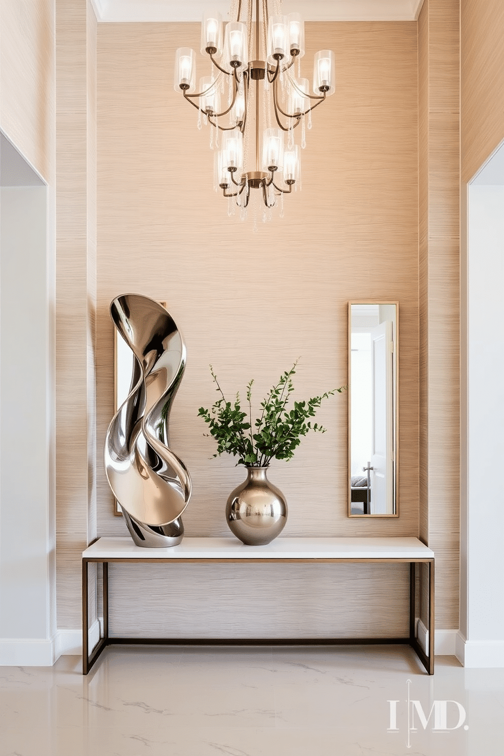 A stunning foyer entryway showcases sculptural decor pieces that blend modern art with functionality. A large abstract sculpture made of polished metal stands on a sleek console table, complemented by a minimalist vase filled with fresh greenery. The walls are adorned with textured wallpaper in a soft neutral tone, enhancing the elegance of the space. A statement chandelier hangs above, casting a warm glow that highlights the unique shapes of the decor pieces and invites guests into the home.