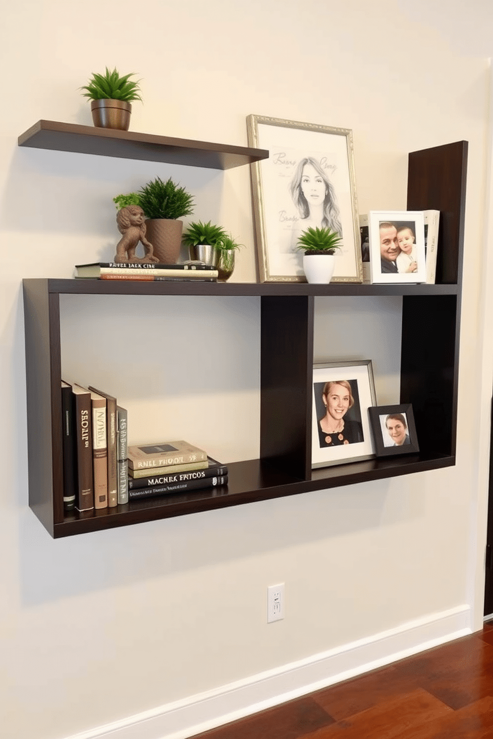 A stylish foyer entryway features wall-mounted shelves that provide a space-saving solution while adding a contemporary touch. The shelves are adorned with decorative books, small potted plants, and framed photographs, creating an inviting atmosphere for guests.