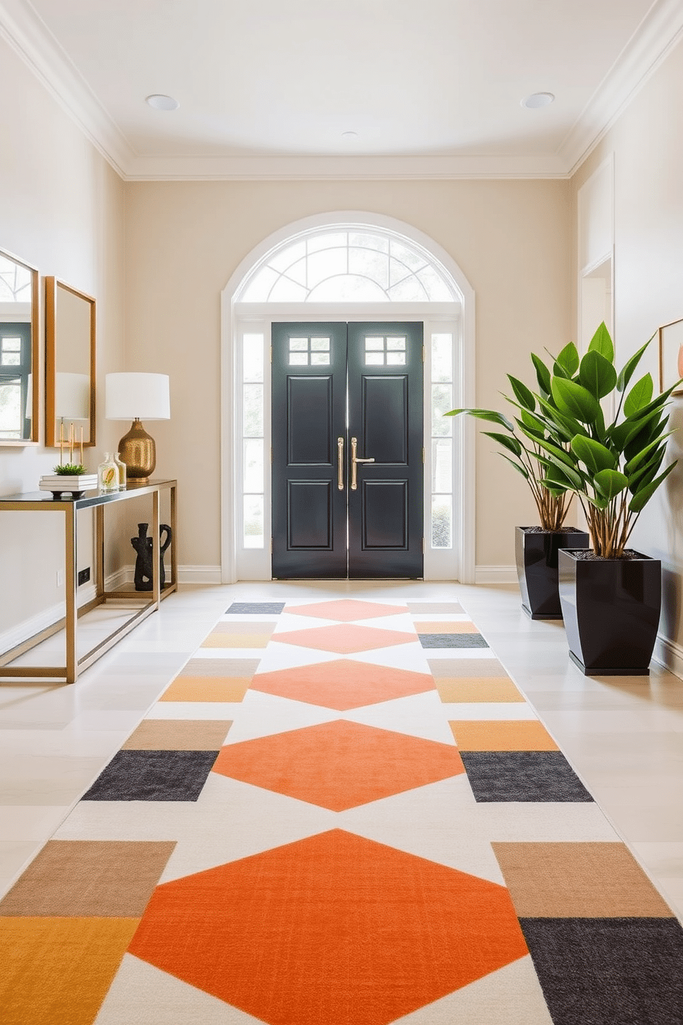 A bold runner rug with geometric patterns stretches across the foyer, creating a striking visual impact as guests enter the space. Flanking the rug, sleek console tables with decorative accents and a large mirror above reflect light and enhance the sense of openness. The walls are painted in a soft, neutral tone that complements the vibrant colors of the rug while offering a warm welcome. Potted plants in stylish planters add a touch of greenery and life to the entryway, creating an inviting atmosphere.