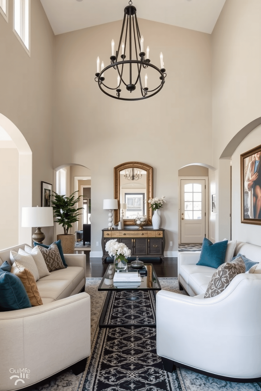 A cozy seating area with plush cushions in varying textures and colors invites relaxation. The arrangement includes a stylish sofa, a pair of accent chairs, and a sleek coffee table, all positioned to encourage conversation. The foyer features a grand entryway with high ceilings and an elegant chandelier. A console table adorned with decorative items and a large mirror creates a welcoming atmosphere, while a patterned runner leads guests into the home.