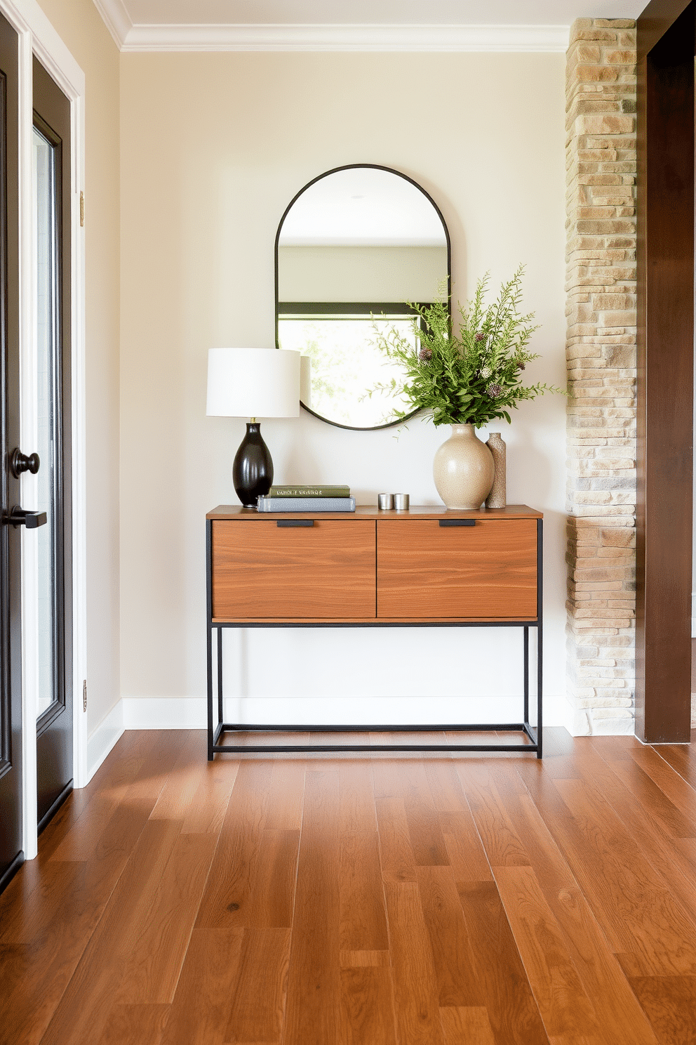 A welcoming foyer entryway features natural materials like reclaimed wood for the flooring and a stone accent wall that adds warmth and texture. A sleek wooden console table sits against the wall, adorned with decorative elements such as a vase of fresh greenery and a stylish mirror above it.