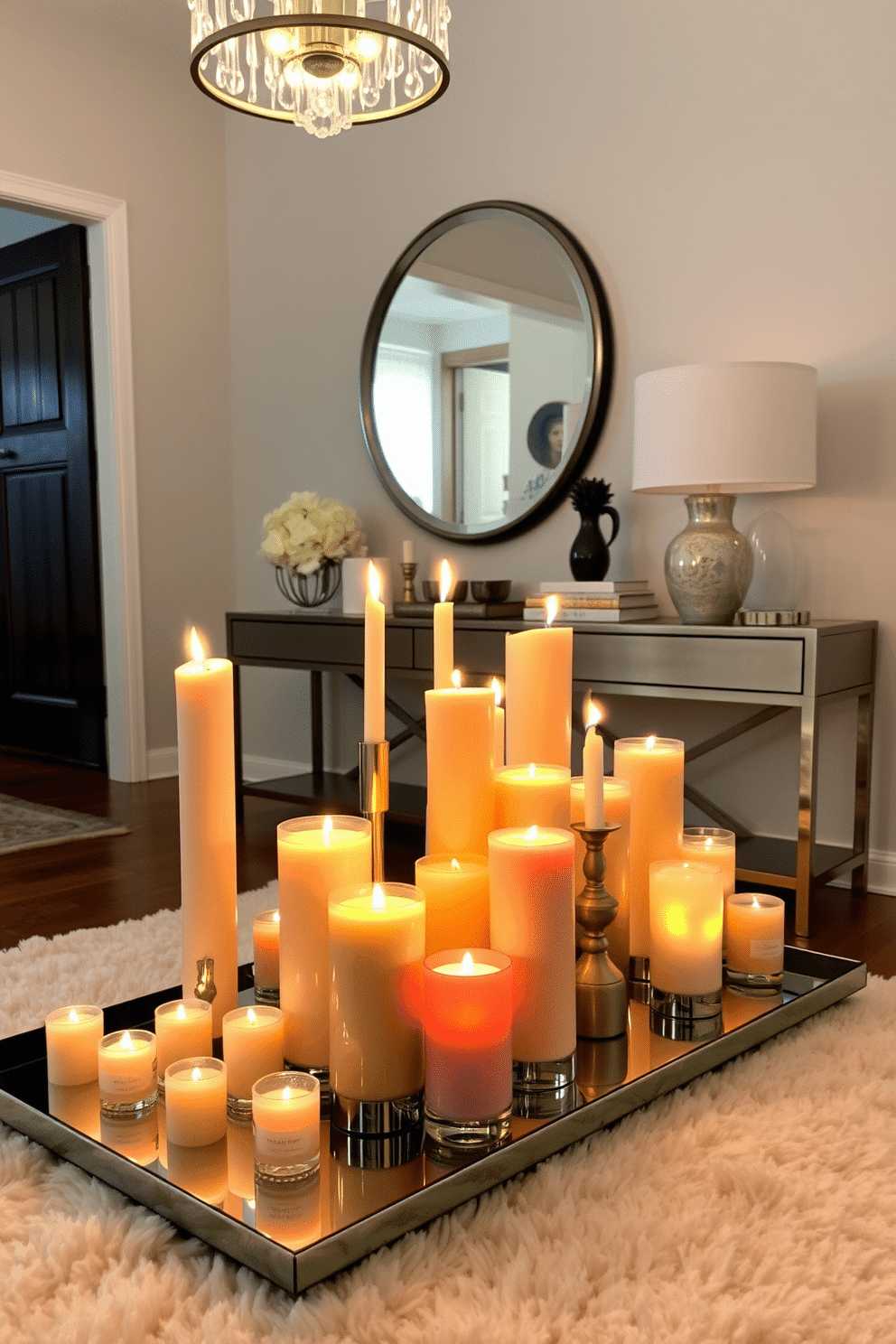 A stunning candle display creates an inviting ambiance, featuring an assortment of candles in various heights and sizes arranged on a sleek, mirrored tray. The warm glow of flickering flames casts soft shadows, enhancing the cozy atmosphere of the space. The foyer entryway design showcases a blend of elegance and functionality, with a stylish console table topped with decorative items and a large round mirror above it. A plush area rug anchors the space, while a statement light fixture adds a touch of drama and warmth to greet guests.