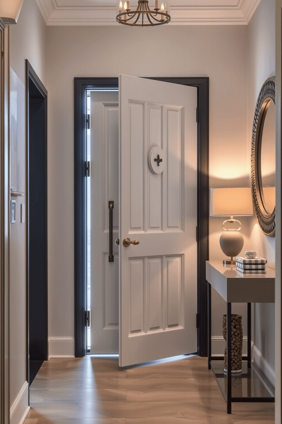 A stunning foyer entryway features a unique blend of modern and vintage elements. The focal point is an intricately designed door with custom hardware that adds character and charm to the space. Surrounding the door, a minimalist console table showcases decorative items and a statement mirror. Soft lighting illuminates the area, creating a warm and inviting atmosphere that welcomes guests.