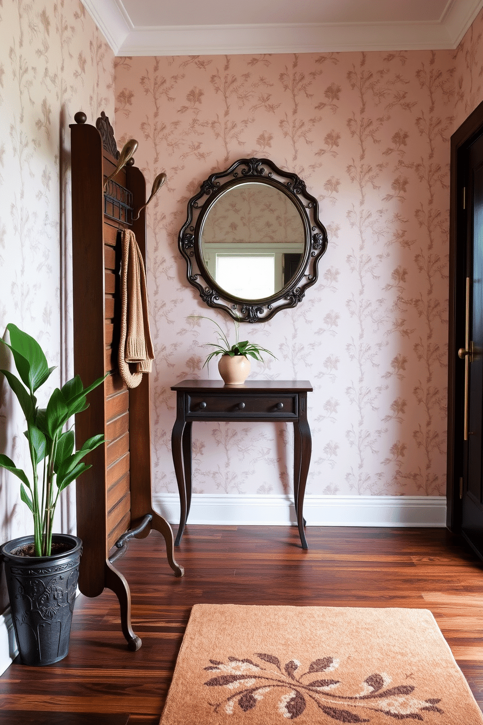 A vintage coat rack with ornate hooks stands against a backdrop of soft, muted wallpaper featuring a delicate floral pattern. The floor is adorned with a rich, dark hardwood that complements the warm tones of the coat rack, creating an inviting atmosphere. In the foyer, a small console table is placed beneath a large, round mirror with a decorative frame. A stylish runner rug in earthy tones leads from the entrance, while a potted plant adds a touch of greenery to the space.