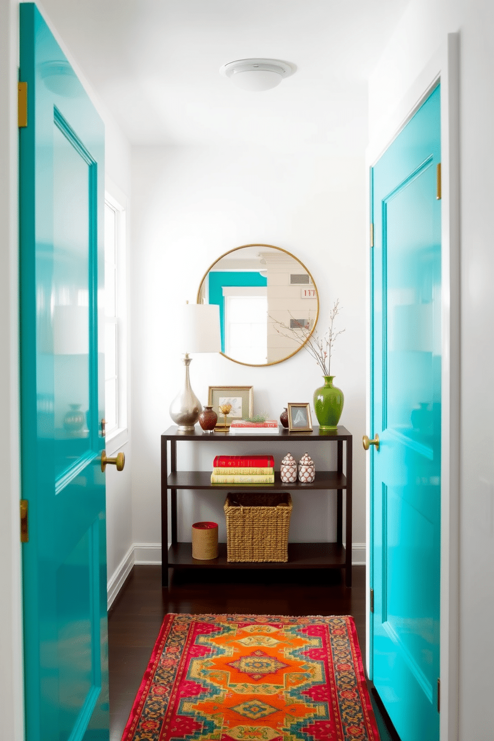 A bright turquoise door serves as a striking focal point in the foyer, inviting guests into a vibrant space. Surrounding the door, the walls are painted a soft white, enhancing the door's vivid hue and creating a fresh, welcoming atmosphere. The entryway features a stylish console table adorned with decorative items and a large round mirror above it, reflecting light and adding depth. A colorful area rug lies beneath, tying together the bright accents and providing a cozy touch to the space.