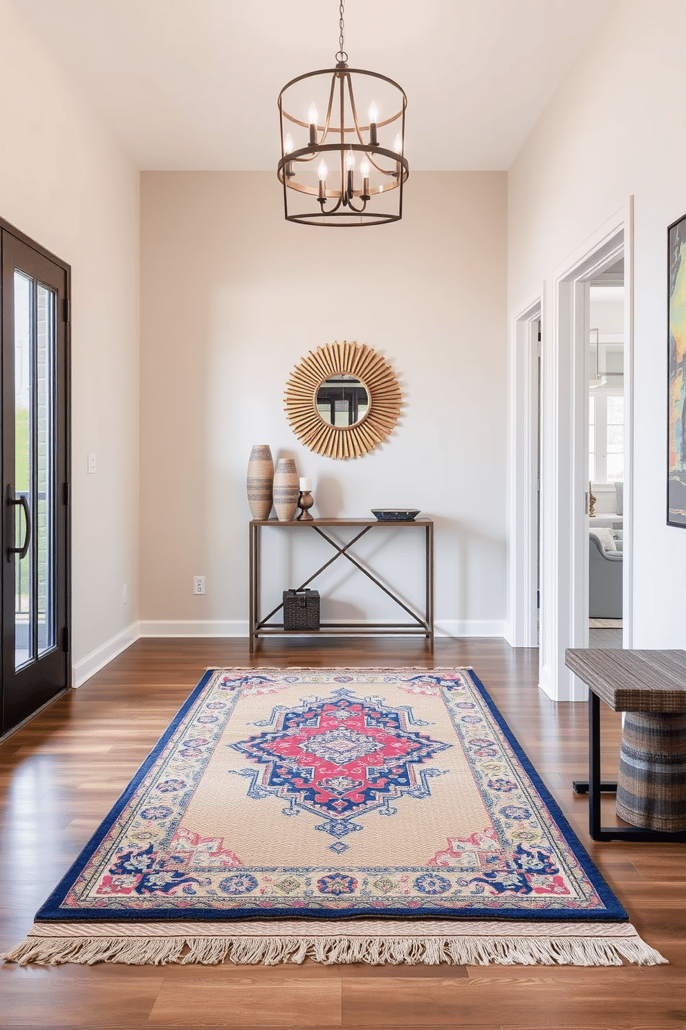 A stylish foyer entryway features a layered rug arrangement, combining a large, neutral jute rug with a smaller, colorful Persian rug on top for added texture and warmth. The space is illuminated by a modern chandelier, and a sleek console table against the wall showcases decorative objects and a vibrant mirror above it.