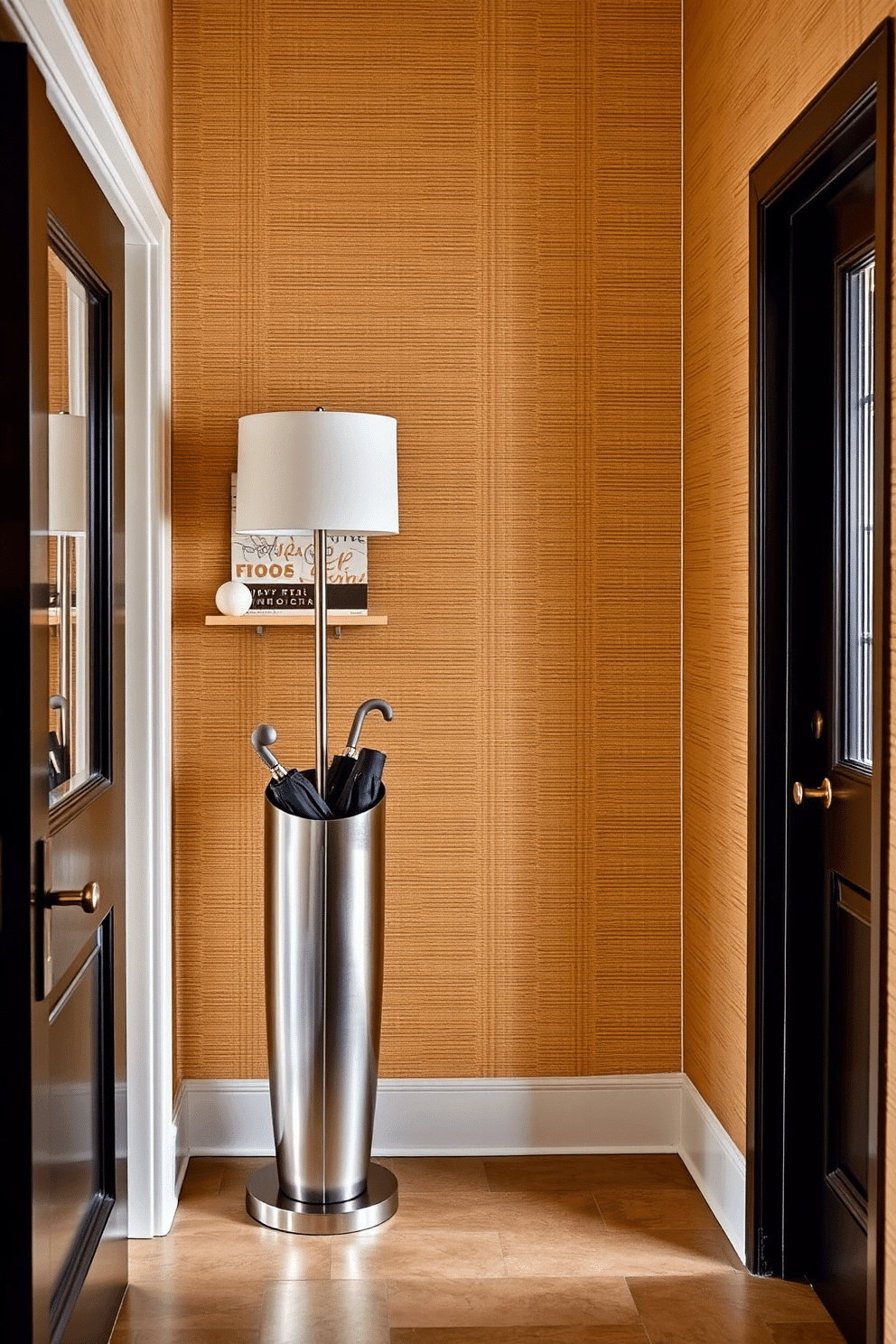 A stylish umbrella stand made of brushed metal stands elegantly by the door, complementing the sleek lines of the foyer. The entryway features a warm, inviting color palette with a textured wallpaper that adds depth and sophistication.