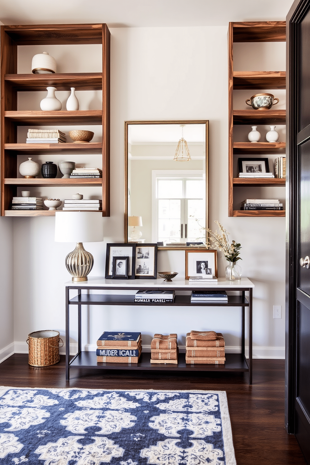 Open shelving for decorative accents. The shelves are made of reclaimed wood, showcasing a variety of curated decorative items, including ceramic vases, framed photos, and books. Foyer entryway design ideas. A spacious foyer features a statement console table with a sleek lamp and a large mirror above it, while a stylish area rug adds warmth to the entryway.